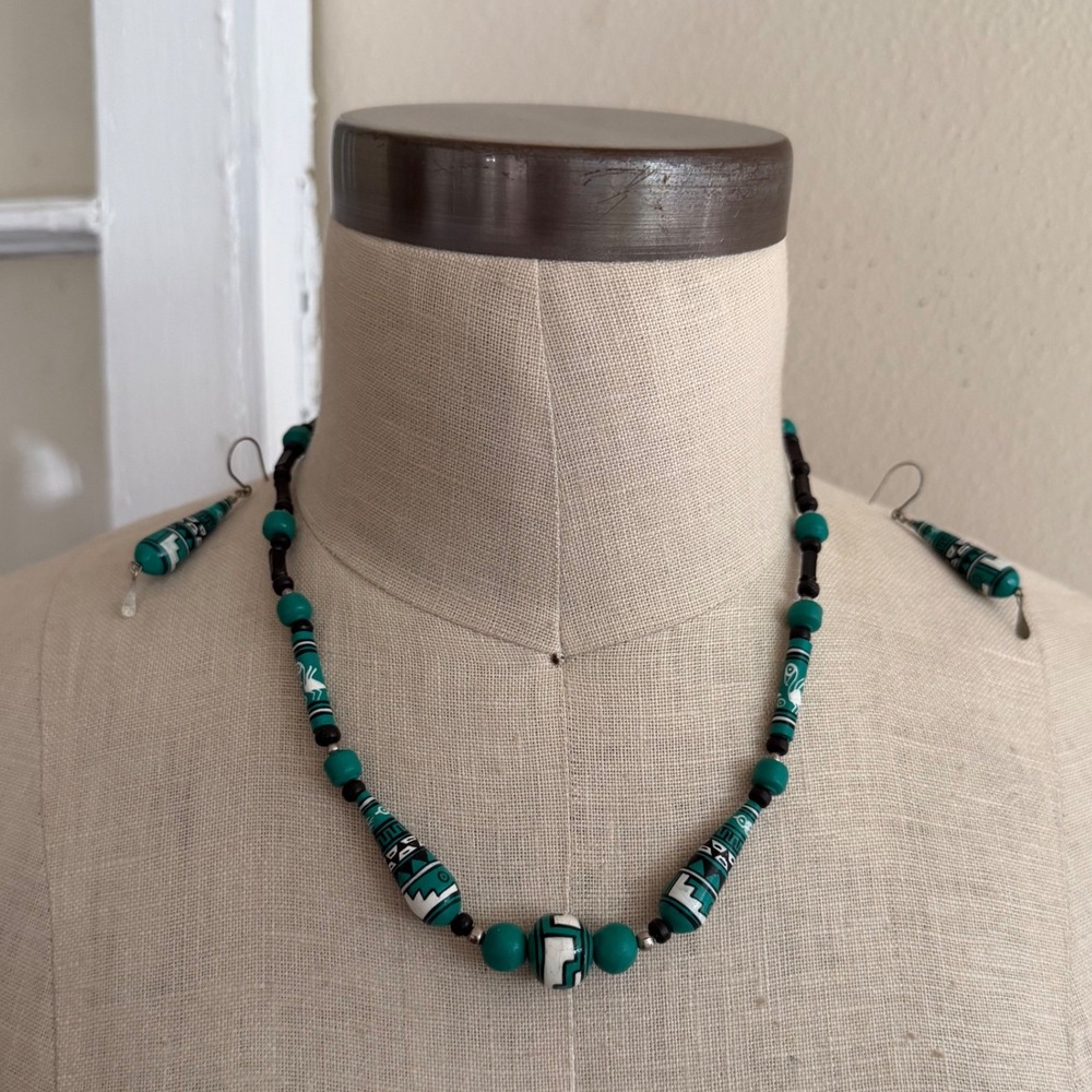 Peruvian Painted Jewelry Set Teal Geometric Bird Motif Women's Necklace Earrings